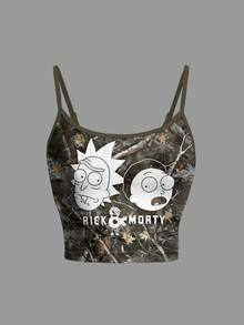 Rick and Morty X SHEIN 女士休闲时尚街头风卡通人物、字母、树木印花修身短款吊带背心，夏季 - 白色 - 查看 1