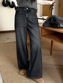 DAZY Quần jeans ống đứng lót giữ nhiệt dành cho nữ, quần jeans ống rộng dáng ôm cạp cao kiểu vintage, thích hợp cho mùa Thu/Đông. - màu đen - Xem 7