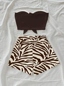 Soleia Set de 2 piezas con top bandeau de unicolor y shorts con estampado total para mujer - Multicolor - Ver 2
