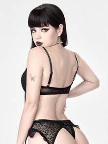 ROMWE Goth 哥特蕾丝花卉钢圈文胸和丁字裤套装，配蜘蛛金属吊坠肩带，性感内衣套装 - 黑色 - 查看 3