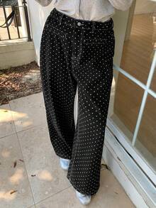 Dazy Plus 大码波点印花宽松荷叶边休闲长裤，适合所有季节的女士牛仔裤 - 黑色 - 查看 5