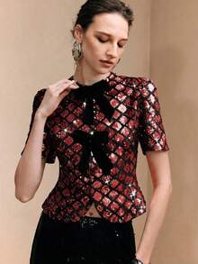 Arave Women's Velvet Sequined Top,Straight Shoulders,Fitted Waist,Puff Sleeves,Bow Design,Elegant Party,Summer,New Year,Modern Red And Black Party Top - Red - View 5