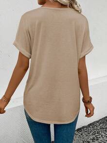 EMERY ROSE Women's V-Neck Ruffle Sleeve Front Double Heart Print T-Shirt Date Beige Summer Casual - Khaki - View 2