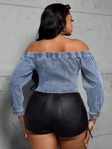 Slaydiva Blusa vaquera de manga larga versátil con hombros descubiertos y cremallera, de unicolor, talla grande - Azul - Ver 2