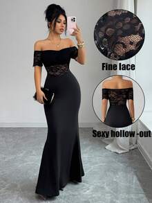 Elenzga Lace Trim Sleeveless Sexy Waist Fitted Fishtail Hem Elegant Sophisticated Knit Bodycon Dress - Black - View 1