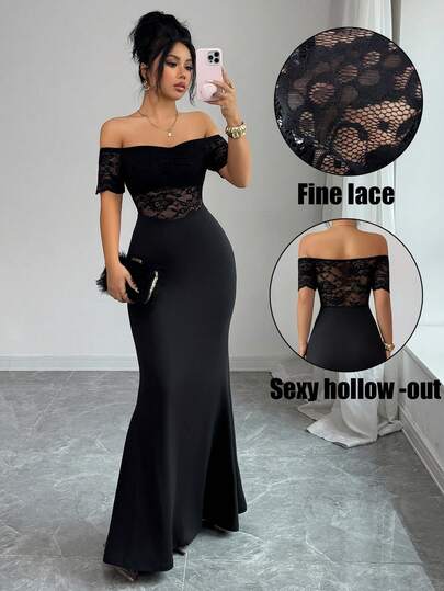 Elenzga Spetskant Ärmlös Sexig Midja Åtsittande Fisksvans Fåll Elegant Sofistikerad Stickad Bodycon Klänning