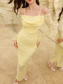 Modelyn 女士法式蕾丝吊带露肩修身开衩连衣裙 - 黃色 - 查看 4
