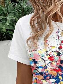 EMERY ROSE New Plus Size Women Fashion Printed & Spray Painted Round Neck Short Sleeve T-Shirt - Multicolor - View 3