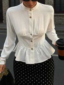 DAZY Elegant Ruffle Hem White Blouse For Women - White - View 6