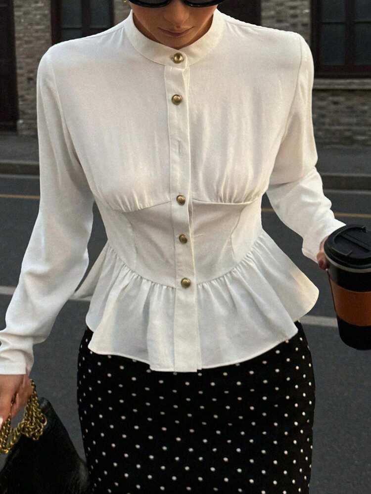 Elegant Ruffle Hem White Blouse For Women