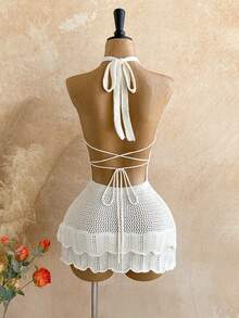 Soleia Women's Vacation Gradient Knit Deep V Neck Backless Sexy Bodycon Mini Dress With Ruffle Hem, Fashion For Party, Date, Afternoon Tea, Boho Beach - White - View 2