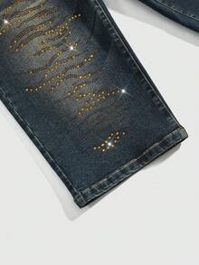 ROMWE J-Fashion Y2K复古金色水钻装饰超低腰紧身牛仔短裤 - 藍色 - 查看 4