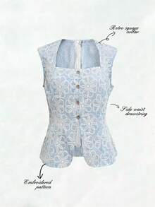 Rafferiza 清新甜美浅蓝色无袖上衣 - 方领花卉刺绣纽扣点缀，春夏优雅短款背心，复古优雅浅蓝色方领上衣 - 花卉图案无袖纽扣点缀，春夏时尚短款背心，甜美百搭浅蓝色无袖背心 - 方领花卉刺绣纽扣点缀，春夏精致露脐上衣 - 藍色 - 查看 3