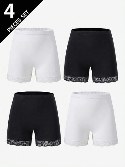 4条装女童蕾丝拼接纯色黑白舒适三角内裤安全短裤