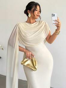 Firerie 大码优雅休闲度假沙滩浪漫音乐节褶皱领口飘逸透视弹力修身连衣裙，适合女性通勤、工作、办公室穿着。 - 酒紅色 - 查看 1