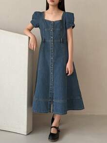 Dazy Kids Gaun Denim Lengan Mengembang Kerah Persegi untuk Anak Perempuan Remaja - Biru - View 6