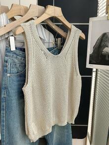 Franclia 新款夏季法式休闲针织背心，单排扣设计，镂空针织纹理，柔软舒适，通勤/工作叠穿款式，精致V领，柔和米色无袖针织开衫 - 卡其色 - 查看 2