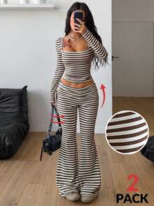Coolane Women's Spring Going Out Streetwear Casual Daily Wear Basic Grey Knit Asymmetric Collar Top And Flare Pants,2pcs - Mocha Brown - View 4