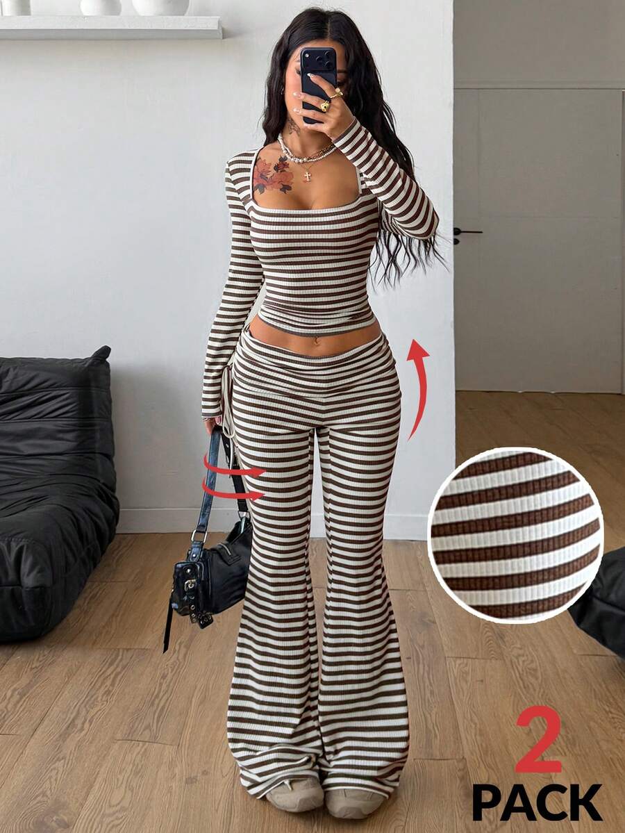 Coolane Women's Spring Going Out Streetwear Casual Daily Wear Basic Grey Knit Asymmetric Collar Top And Flare Pants,2pcs - Mocha Brown - View 1