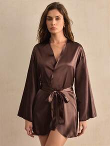 Charlaine 女士纯色落肩长袖腰系带优雅睡袍 - 巧克力棕 - 查看 4