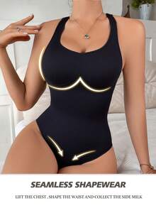 SHAPORA 1件装女士无缝露背挂脖三角裤束腰连体衣 - 黑色 - 查看 5