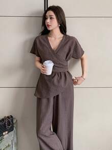 DAZY Women's Casual, Office, Commute Surplice Neck Wrap Fitted Top And Wide Leg Pants 2 Pieces Set, Spring/Summer/Autumn - Coffee Brown - View 6
