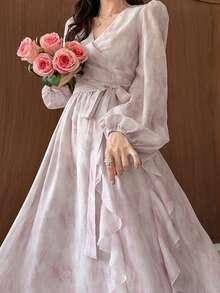 DAZY Women's Tie-Dye Overlapping V-Neck Lantern Sleeve Ruffle Hem Elegant Dress - Pink - View 1