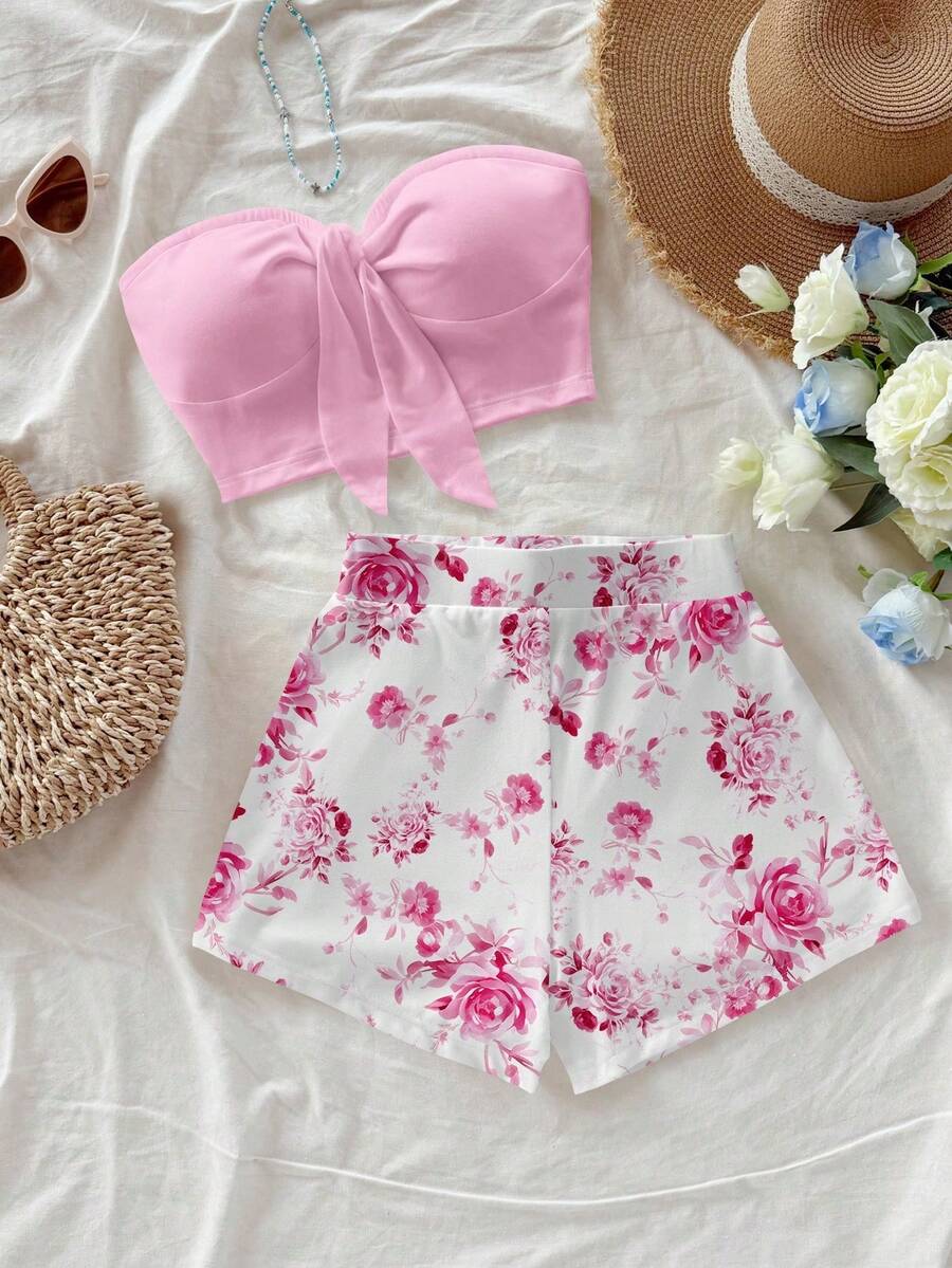 Soleia 两件套女士纯色抹胸上衣和印花短裤套装 - 粉色 - 查看 1