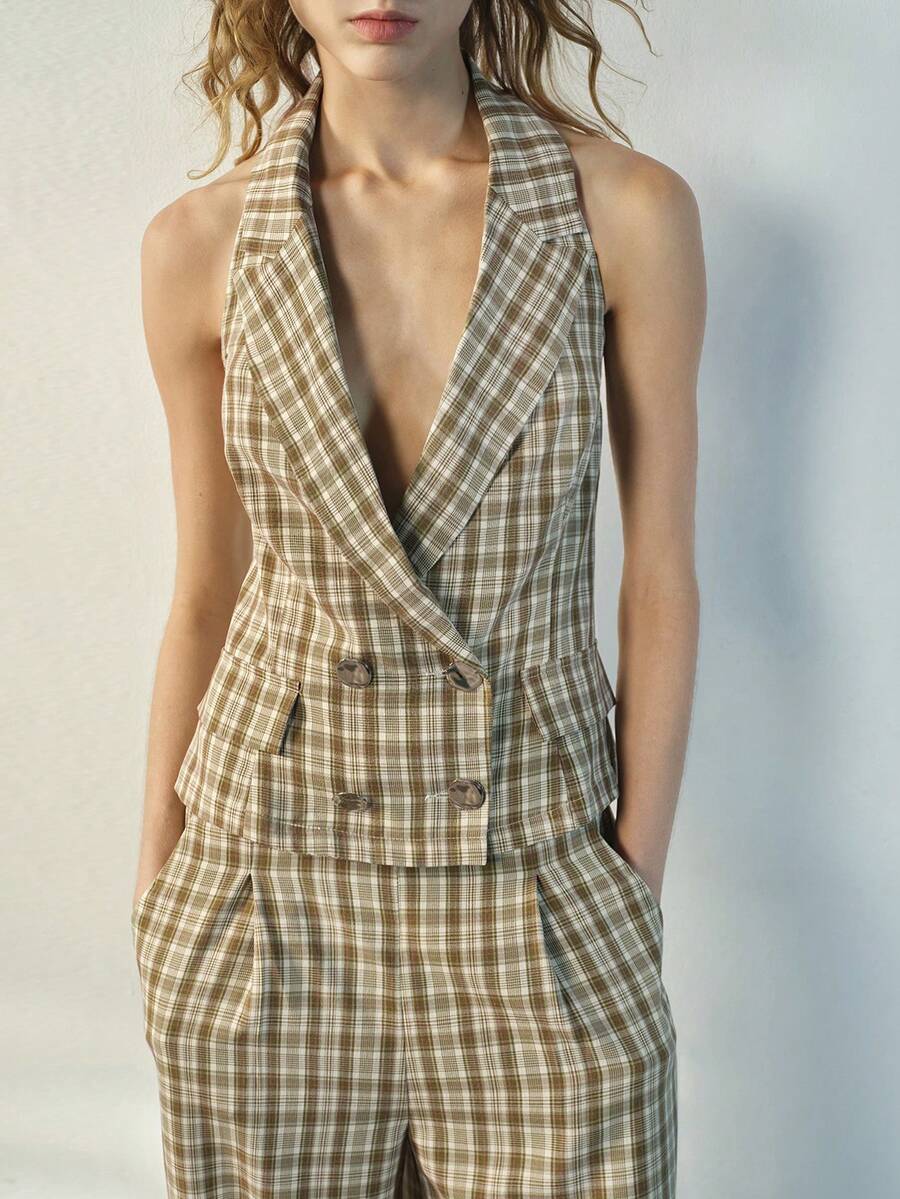 Maija 女士春夏休闲、办公、通勤格纹印花翻领露背吊带背心和西装裤套装 - 彩色 - 查看 1