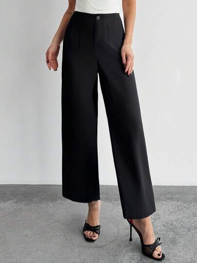 Firerie 女士优雅休闲宽松长裤，黑色中腰直筒裤，适合工作、日常穿着，春夏款