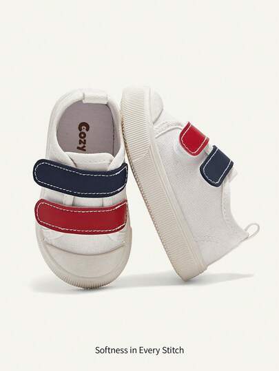 Cozy Pixies 1 Pair Boys And Girls' White Fashion Cute Lightweight Comfortable Hook And Loop Canvas Shoes, Suitable For Home, Casual Wear, Daily Outings, All Seasons (Random Pattern)