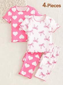 2pcs/Set Girls' Cute Bow & Heart Print Short Sleeve Pajama Set, Home Clothes