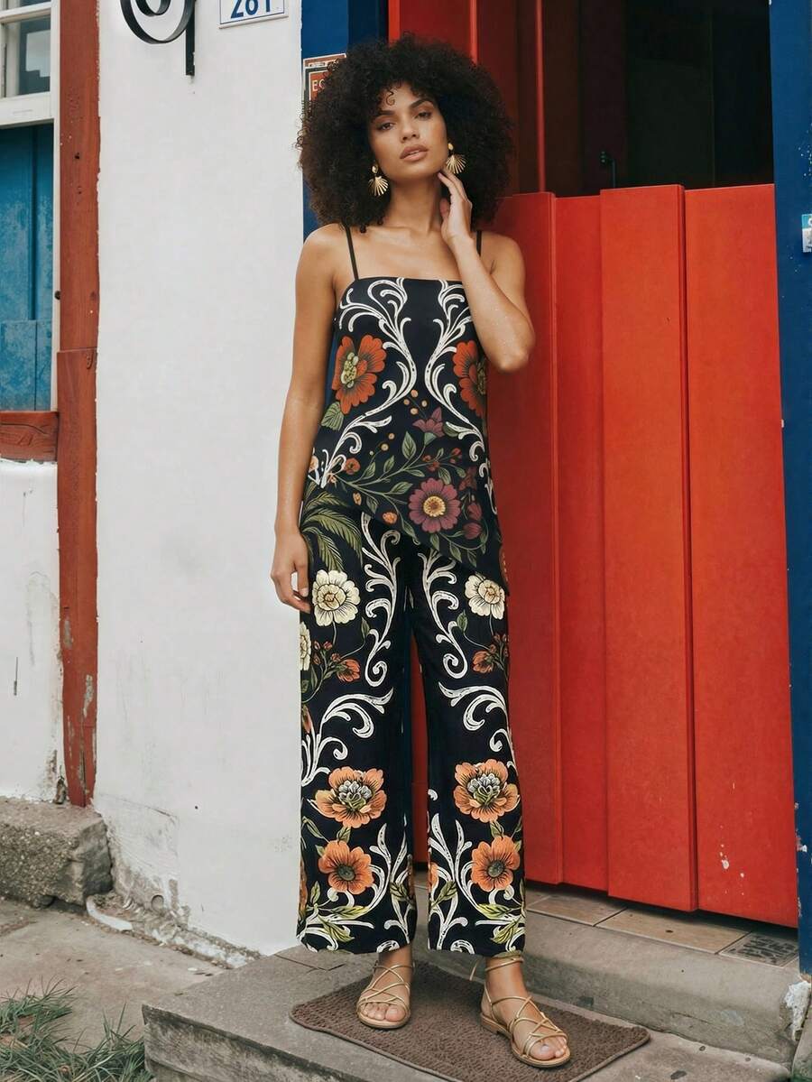 CAJUNI Tropical Vacation Rainbow Flowers Two Pieces Coord - Black - View 1