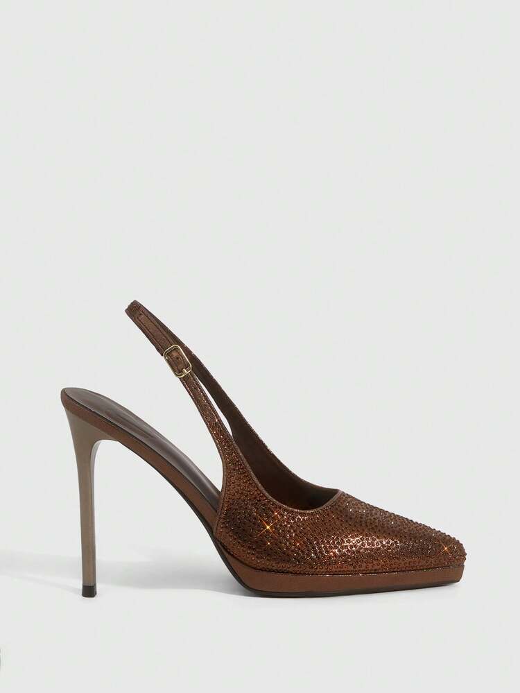 CUCCOO SZL Women Shoes Women's Pointed Thin High Heel Height Water Table Brown Rhinestone Women's High Heel Shoes Slingback Shoes Wedding Party Banquet Nightclub Stylish Gorgeous Simple High Heel Women's Shoes
