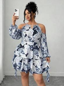 SHEIN Elenzya 大码女式露肩印花钥匙孔领灯笼袖连衣裙 - 彩色 - 查看 1