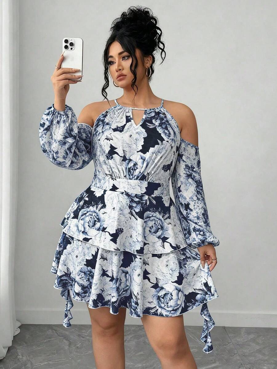 SHEIN Elenzya 大码女式露肩印花钥匙孔领灯笼袖连衣裙 - 彩色 - 查看 1