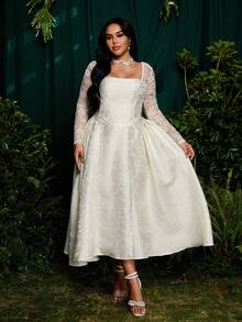 Roveilla 大码优雅蕾丝拼接3D立体压花方领长袖A字连衣裙，白色，适合招待会、正式晚宴等场合。 - 白色 - 查看 4