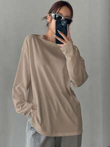 DAZY Solid Color Loose Long Sleeve Women's Round Neck T-Shirt, Long Length,Fall Clothes,Back To School Clothes - Khaki - View 5