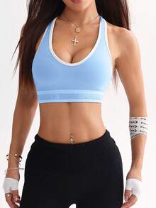 女士拼接字母图案休闲百搭日常健身运动文胸 - 淺藍色 - 查看 3