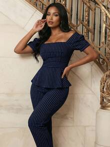 Anewsta Women's Elegant Navy Blue Glitter Striped Pencil Pants - Blue - View 4