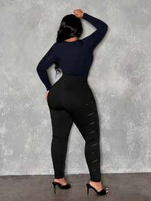 Slaydiva Quần skinny giả da màu đen cạp cao cỡ lớn, phù hợp cho mùa xuân, hè, thu và đông - Màu đen - màu đen - Xem 13