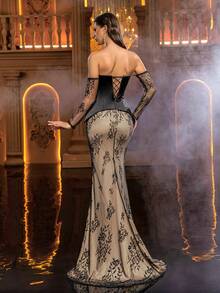 Glamrae 优雅复古奢华质感心形领口人字纹设计曲线廓形手工水钻装饰美人鱼裙摆袖口女士正式礼服、晚礼服、网纱连衣裙 - 黑色 - 查看 2