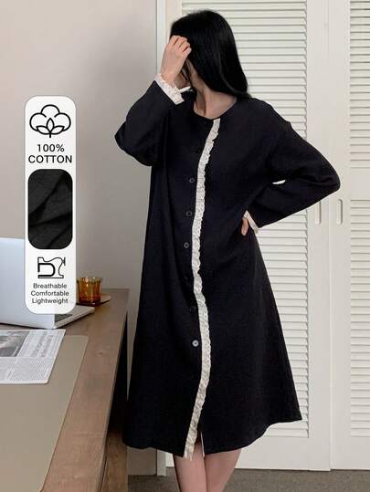 DAZY Contrast Color Ruffle Trim Patchwork Loose Textured Fabric Women Sleepwear Robe