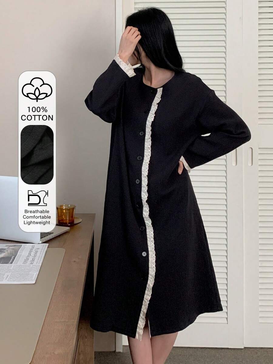 DAZY 撞色荷叶边拼接宽松纹理面料女士睡袍 - 黑色 - 查看 1