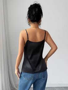 SHEIN PETITE 女士优雅高领缎面蕾丝吊带背心 - 黑色 - 查看 2