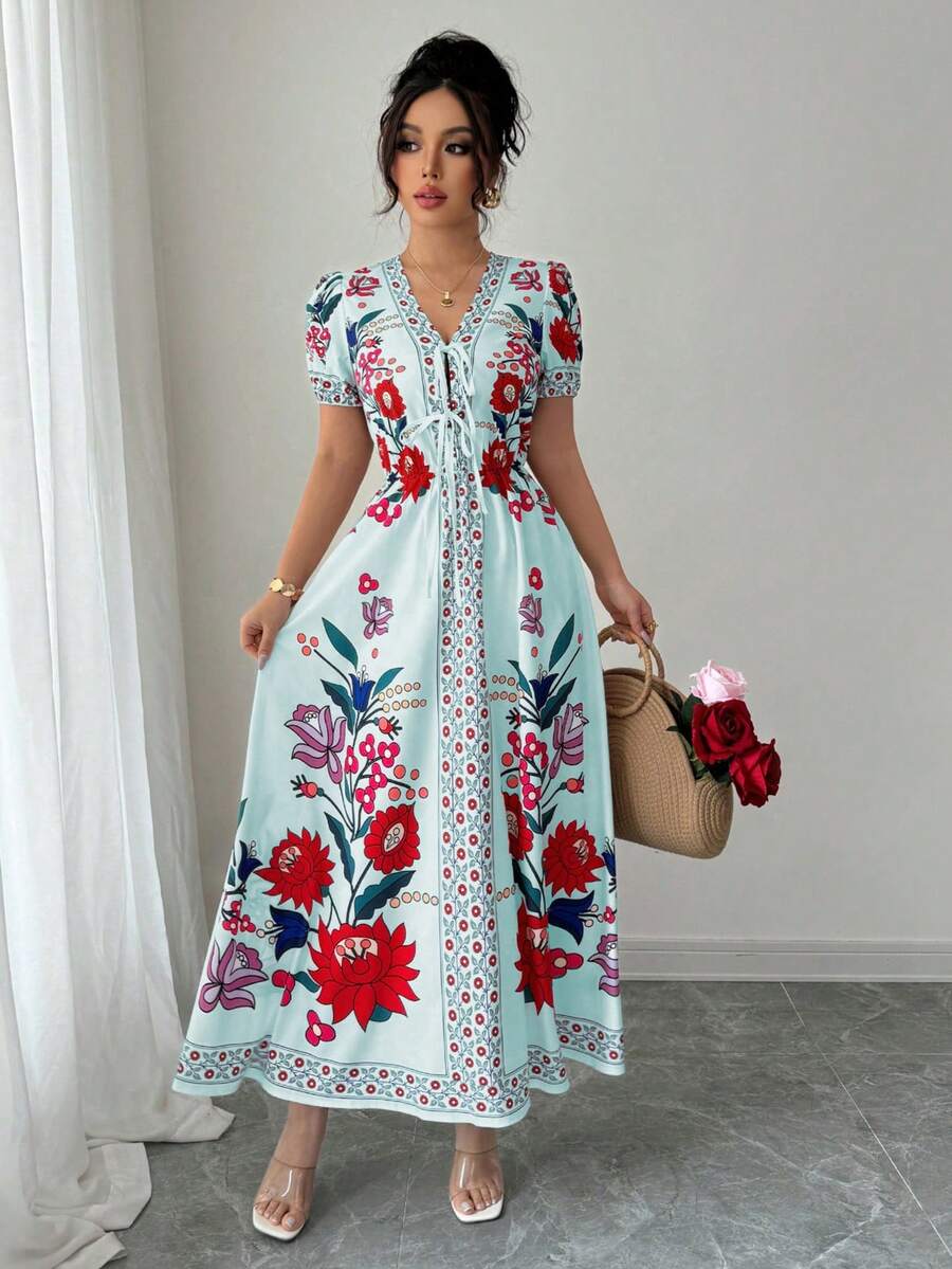 Elenzga 女士优雅印花系带褶皱连衣裙，时尚设计，夏季 - 彩色 - 查看 1