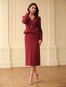 ZEYLAH 刺绣修身长裙，秋冬款 - 酒紅色 - 查看 4