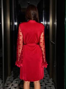 SHEIN 女士性感心形网纱袖系腰睡袍 - 紅色 - 查看 2