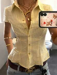 INAWLY Women's Plaid Collar Single-Breasted Casual Versatile Daily Commute Short Sleeve Shirt - Yellow - View 1