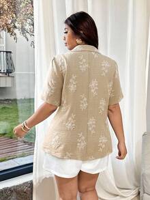 Vionelle 大码女式法式休闲优雅刺绣印花西装外套，女士度假短袖西装外套，夏季款 - 杏色 - 查看 2